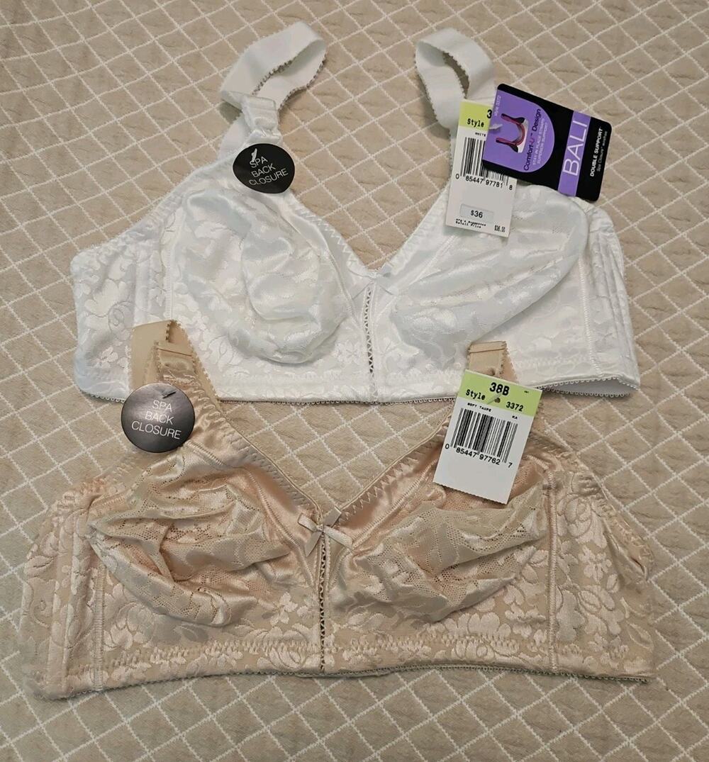 2 Bali Women's Double Support Spa Closure Wirefree Bras 3372 White&Beige 38B NEW